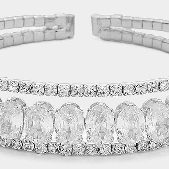 Silver Crystal Rhinestone CZ Oval Stone Style Bling Evening Cuff Bracelet - Picture 2 of 3